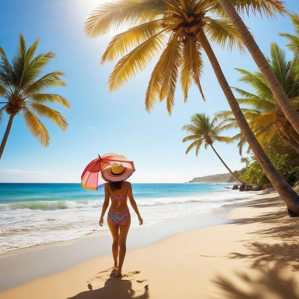A stylish beach scene featuring a diverse group of people wearing trendy beachwear, showcasing vibrant swimsuits and accessories. Include a sunny backdrop with palm trees, a colorful beach umbrella, and a crystal-clear ocean in the distance. Capture playful moments like splashing water and laughter, emphasizing the joy of summer vacations. Include fashionable sunglasses and hats to accentuate the beach aesthetic. super-realistic. vibrant colors. sunny atmosphere.